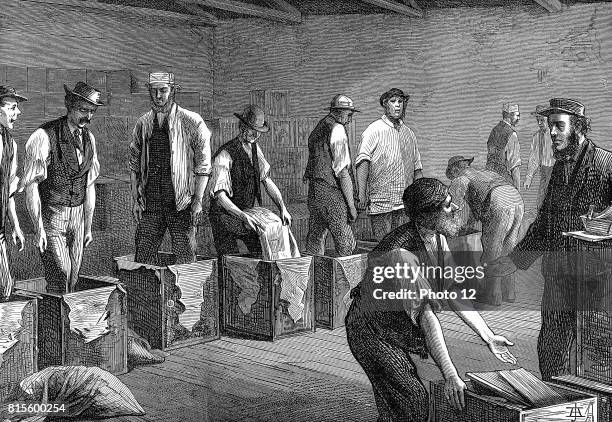 Tea warehouses of the East & West India Dock Company, London. Refilling tea chests after bulking Wood engraving, 1874.