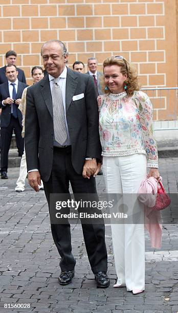Fawaz Gruosi and Caroline Scheufele-Gruosi attend Flavio Briatore and Elisabetta Gregoraci's wedding ceremony held at the church of Santo Spirito di...
