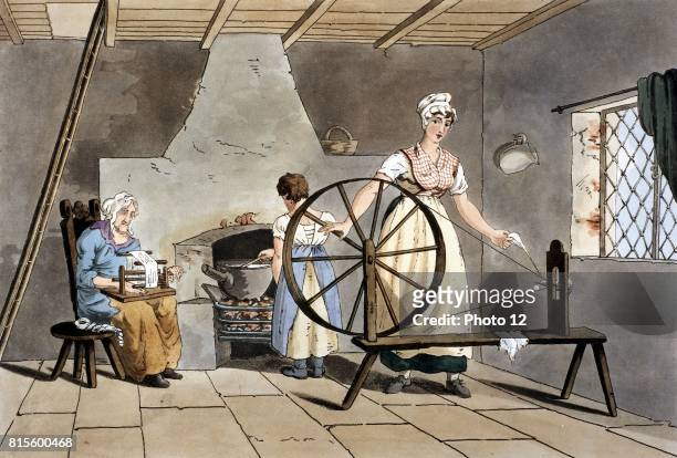Three generations of women. Cottager spinning wool using simple wheel without treadle while her mother reels yarn and her daughter stirs cast iron...