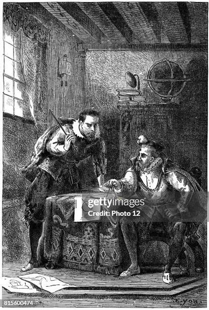 Johannes Kepler German astronomer, left, with Tycho Brahe Danish astronomer at work in Benatky observatory near Prague while in the employ of emperor...