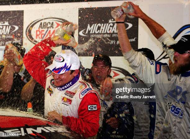 Juston Lofton, driver of the Lofton Cattle Dodge celebrates in victory lane after winning the ARCA RE/MAX Series Racing for Wildlife 200 at the...