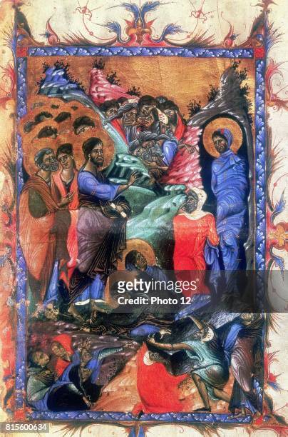 Jesus raising Lazarus after four days. Martha and Mary, sisters of Lazarus kneel at Jesus' feet. After Armenian Evangelistery .