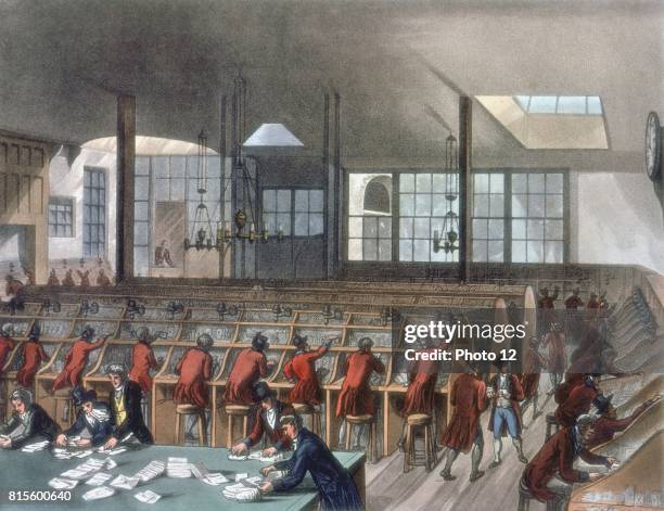 General Post Office, Lombard Street, London. Letters being sorted. Aquatint after Pugin and Rowlandson published London c1808. From Rudolph Ackermann...