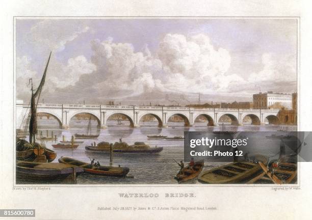 Waterloo Bridge, London, across the Thames. Built by John Rennie between 1811 and 1817. Coffer dams used instead of caissons. Illustration by Thomas...