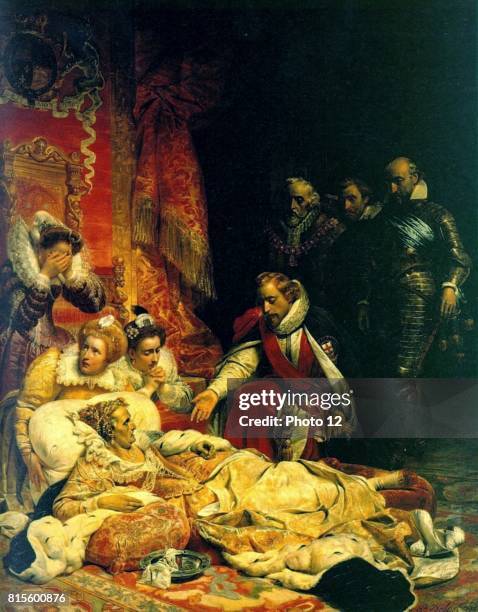 Death of Elizabeth I. Elizabeth I queen of England and Ireland from 1558. Painting by Paul Delaroche French painter, 1827.