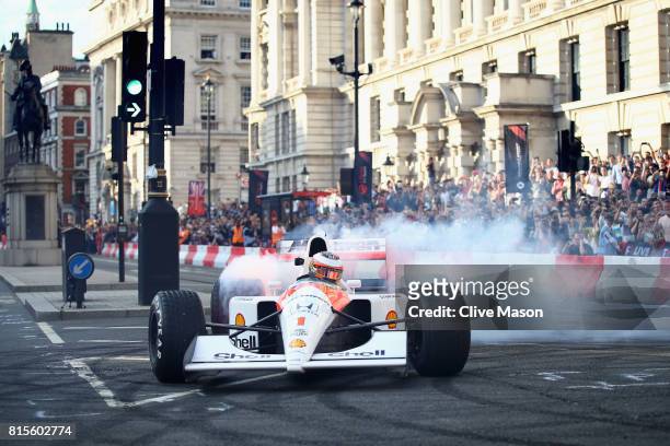 Stoffel Vandoorne of Belgium and McLaren Honda driving the McLaren MP4-6 during F1 Live London at Trafalgar Square on July 12, 2017 in London,...