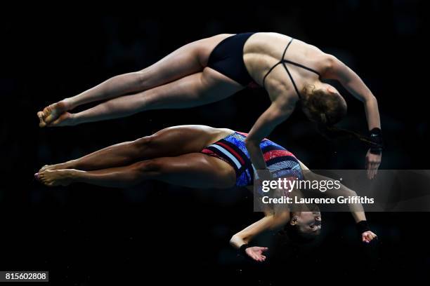 Tonia Couch and Lois Toulson of Great Britain compete during the Women's Diving 10M Synchro Platform final on day three of the Budapest 2017 FINA...