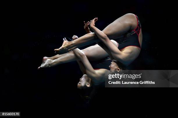 Gabriela Agundez Garcia and Samantha Jimenez Santos of Mexico compete during the Women's Diving 10M Synchro Platform final on day three of the...