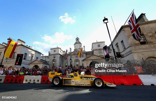 Rene Arnoux driving the Renault RS01 during F1 Live London at Trafalgar Square on July 12, 2017 in London, England. F1 Live London, the first time in...