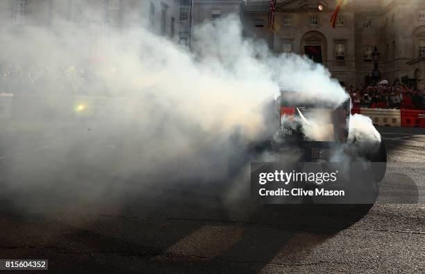 Daniel Ricciardo of Australia and Red Bull Racing driving the Red Bull Racing RB7 during F1 Live London at Trafalgar Square on July 12, 2017 in...