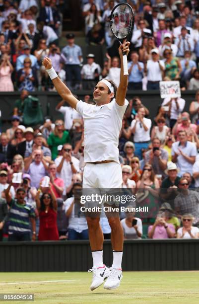 Roger Federer of Switzerland celebrates championship point and victory during the Gentlemen's Singles final against Marin Cilic of Croatia on day...