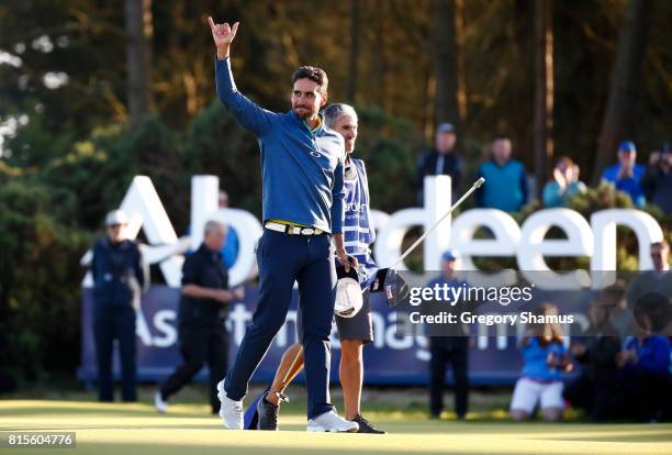 Rafa Cabrera-Bello of Spain celebrates victory on the 1st play off hole during the final round of the AAM Scottish Open at Dundonald Links Golf...