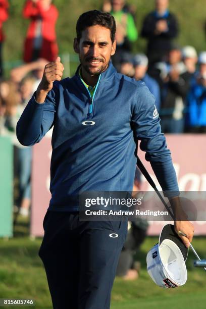 Rafa Cabrera-Bello of Spain celebrates victory on the 1st play off hole during the final round of the AAM Scottish Open at Dundonald Links Golf...