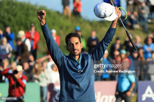 Rafa Cabrera-Bello of Spain celebrates victory on the 1st play off hole during the final round of the AAM Scottish Open at Dundonald Links Golf...