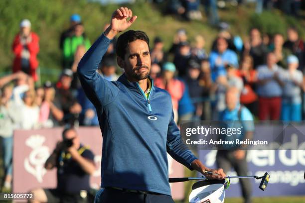 Rafa Cabrera-Bello of Spain celebrates victory on the 1st play off hole during the final round of the AAM Scottish Open at Dundonald Links Golf...