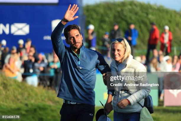 Rafa Cabrera-Bello of Spain celebrates victory on the 1st play off hole with girlfriend Sofia Lundstedt during the final round of the AAM Scottish...