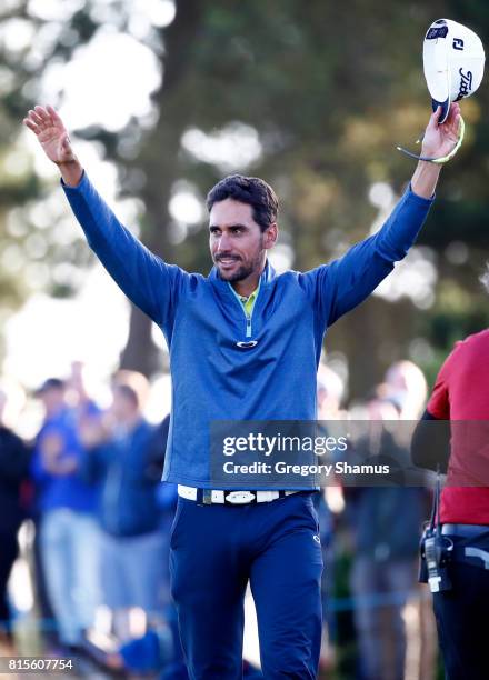 Rafa Cabrera-Bello of Spain celebrates victory on the 1st play off hole during the final round of the AAM Scottish Open at Dundonald Links Golf...