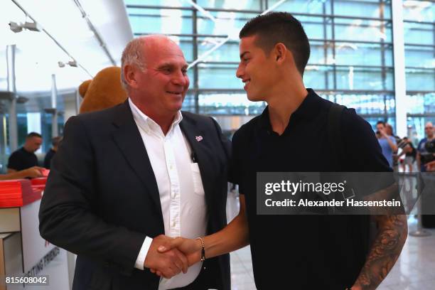 Uli Hoeness, President of FC Bayern Muenchen talks to James Rodriguez prior their team flight to Shanghai for the FC Bayern Muenchen Pre-Season Tour...