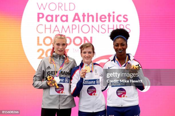 Gold medalist Sophie Hahn of Great Britain , Silver medalist Lindy Ave of Germany and Bronze medalist Kadeena Cox of Great Britain pose with their...
