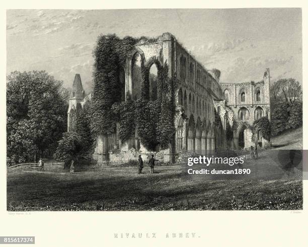 ruins of rievaulx abbey, 19th century - rievaulx abbey stock illustrations