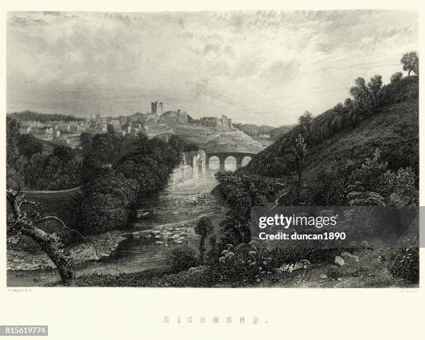 view of richmond, north yorkshire, 19th century - richmond yorkshire stock illustrations