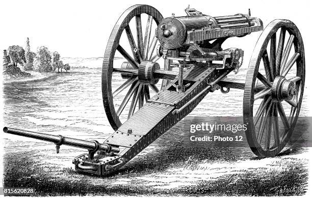 Gatling rapid fire gun : Various models. From "The Science Record" New York, 1762. Engraving.