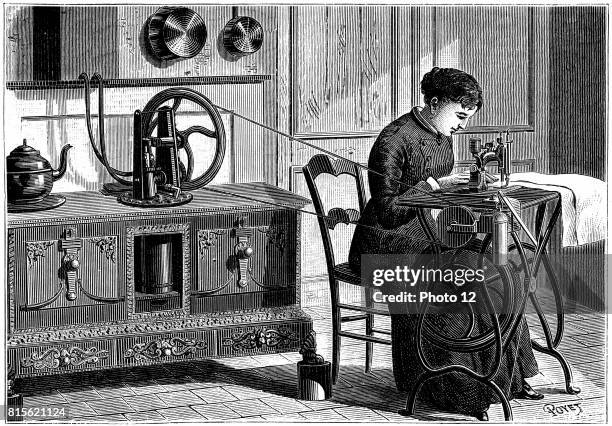 Daussin's steam motor, heated on the kitchen stove, being used to power a sewing machine. Engraving published Paris, 1883.