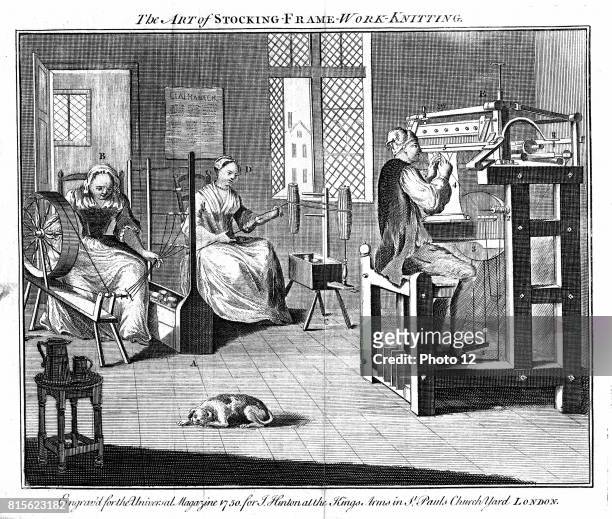 Stocking Frame Workshop, showing women winding and reeling the yarn, and the man working the knitting frame. From "The Universal Magazine" London...