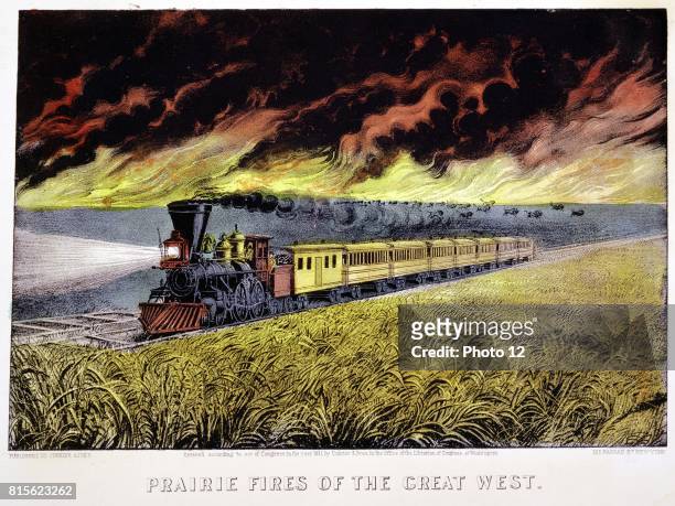 Prairie Fires of the Great West. Print published by Currier & Ives, New York 1871. Locomotive with cowcatcher and headlamp hauls passenger train...