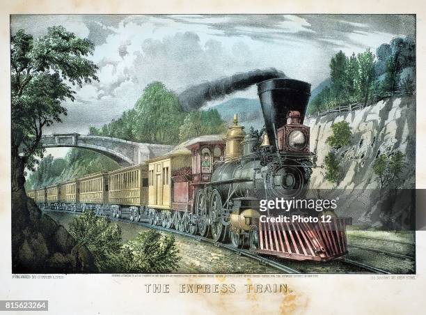 The Express Train. Locomotive with cowcatcher hauls train through cutting. Print published by Currier & Ives, New York 1870. Lithograph.
