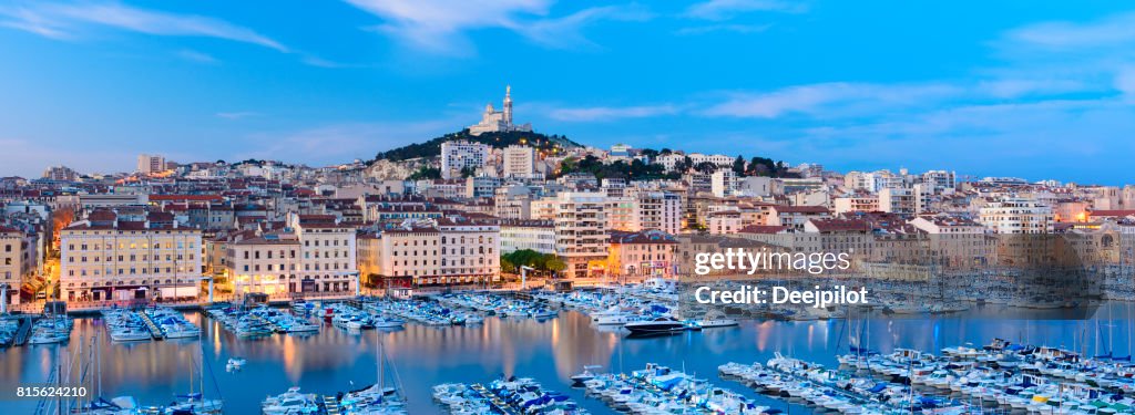 Panoramic View of The Vieux Port (Old Port) in Marseille at Twilight, France