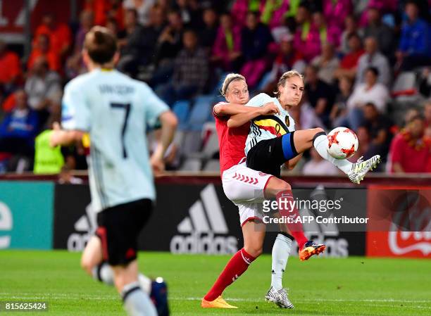 Denmark's defender Janni Arnth fights for the ball with Belgium's forward Tessa Wullaert during the UEFA Women's Euro 2017 football tournament...