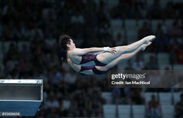 Qian Ren and Yajie Si of China compete in the final of the Women's 10m Synchro Platform during day three of the 2017 FINA World Championship on July...