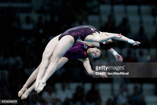 Qian Ren and Yajie Si of China compete in the final of the Women's 10m Synchro Platform during day three of the 2017 FINA World Championship on July...