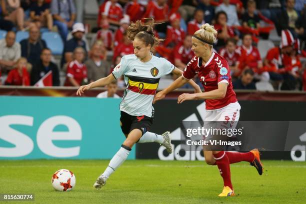 Tessa Wullaert of Belgium women, Janni Arnth of Denmark women during the UEFA WEURO 2017 Group A group stage match between Denmark and Belgium at the...