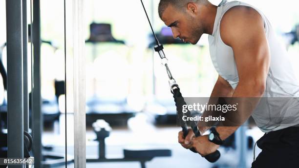 triceps extension exercise. - exercise machine stock pictures, royalty-free photos & images