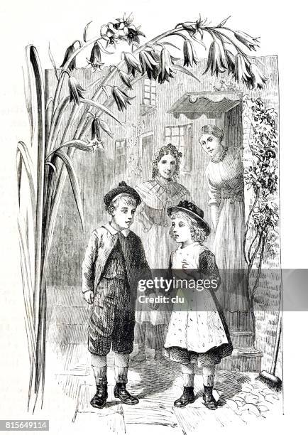 boy and girl walking away from home, mother and maid standing at the door looking - 1891 stock illustrations