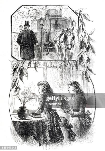 ilustrações de stock, clip art, desenhos animados e ícones de three women standing at the window looking out to the horse drawn carriage - 1891