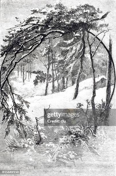 small cottage hidden in snow - 1891 stock illustrations