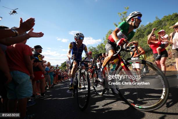 Fabio Aru of Italy riding for Astana Pro Team and Daniel Martin of Ireland riding for Quick-Step Floors ride in the peloton during stage 15 of the...