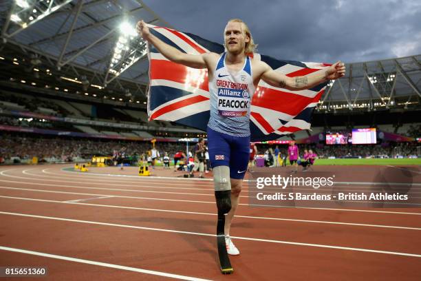 Jonnie Peacock of Great Britain celebrates winning the gold medal in the Men's 100m T44 Final during Day Three of the IPC World ParaAthletics...