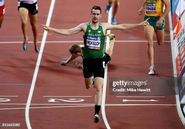 Michael McKillop of Ireland crosses the line to win the Men's 800m T38 Fina during day three of the IPC World ParaAthletics Championships 2017 at the...