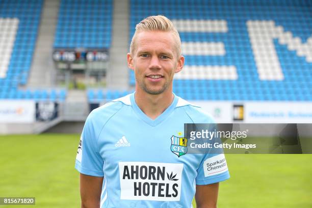 Dennis Grote of Chemnitzer FC poses during the official team presentation of Chemnitzer FC at community4you Arena on July 13, 2017 in Chemnitz,...