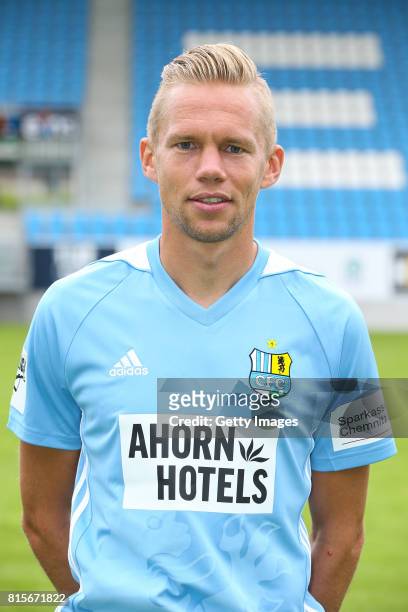 Dennis Grote of Chemnitzer FC poses during the official team presentation of Chemnitzer FC at community4you Arena on July 13, 2017 in Chemnitz,...