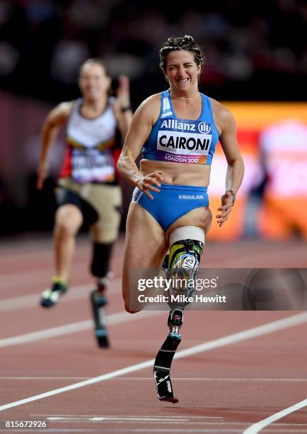 Martina Caironi of Italy crosses the line to win the Women's 100m T42 Final during day three of the IPC World ParaAthletics Championships 2017 at the...