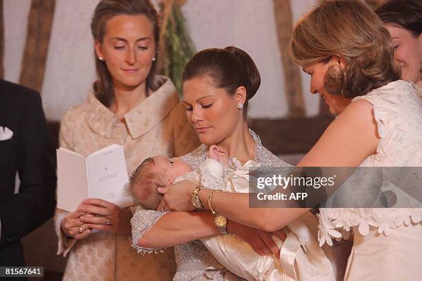 Princess Claire, Princess Victoria of Sweden, Princess Mathilde and Princess Eleonore attend the baptism ceremony of Princess Eleonore, in the chapel...