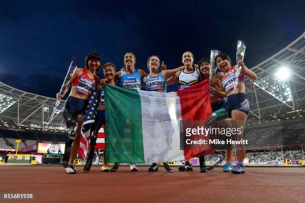 Runners in the Women's 100m T42 Final pose for a photo during day three of the IPC World ParaAthletics Championships 2017 at the London Stadium on...
