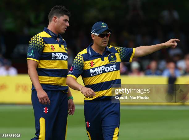 Glamorgan's Marchant de Lange and Glamorgan's Jacques Rudolph during NatWest T20 Blast match between Essex Eagles and Glamorgan at The Cloudfm County...