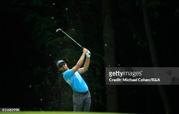Patrick Rodgers hits his second shot on the sixth hole during the fourth and final round of the John Deere Classic held at TPC Deere Run on July 16,...