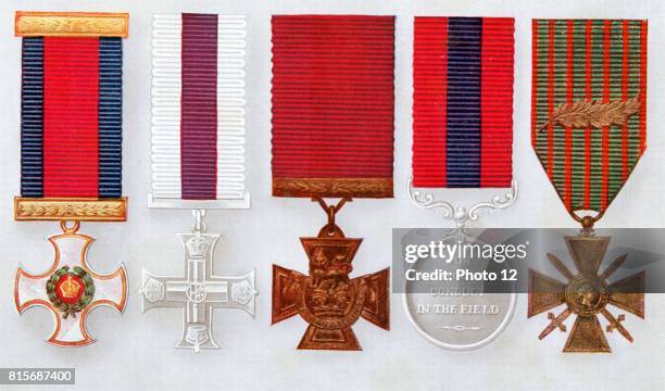 British Military decorations: left to right, Distinguished Service Order, Military Cross, Victoria Cross, Distinguished Conduct Medal. Right: French...